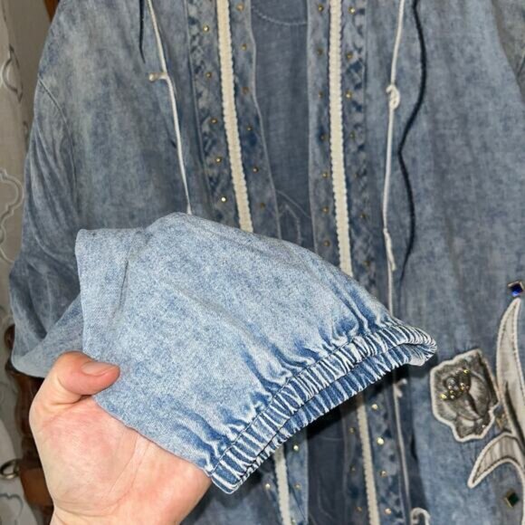 Vintage Modelle Designs 1980s Embroidered AcidWash Denim Duster Jacket Large - Picture 7 of 13